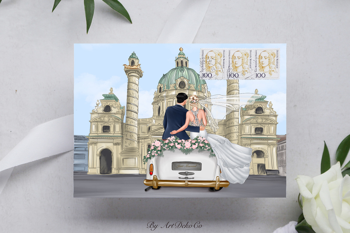 Bride and Groom Clipart Wedding Car, an Illustration by DekoArt
