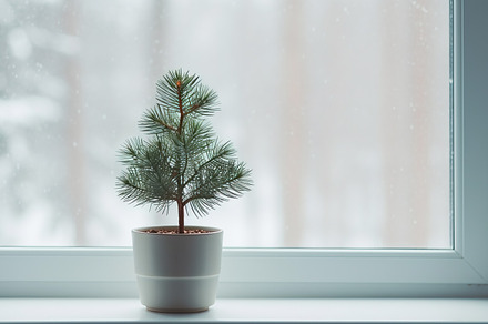 Little pine tree in a pot on a windowsill, with winter landscape, a Holiday Photo by Studio Light & Shade