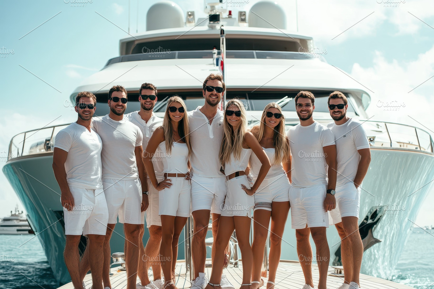 Confident crew members pose together, a Photo by Pavel_design