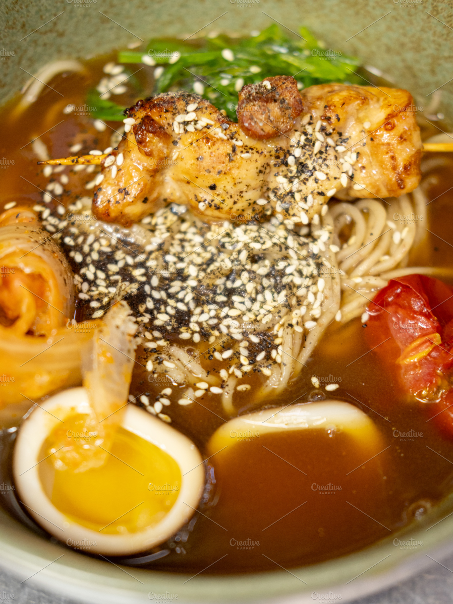 Asian dish miso soup spaghetti vegetable meat egg, a Food & Drink Photo by Photo Drive Studio