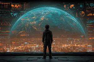 Person viewing futuristic city globa, an Abstract Photo by Pixeness Studio