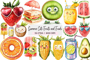 Summer Cute Fruits and Foods Clipart, a Seasonal Illustration by DreamArtGraphic