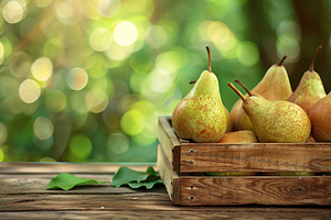 Red pears in wooden crate on blurred background, a Food & Drink Photo by AlyaAnd