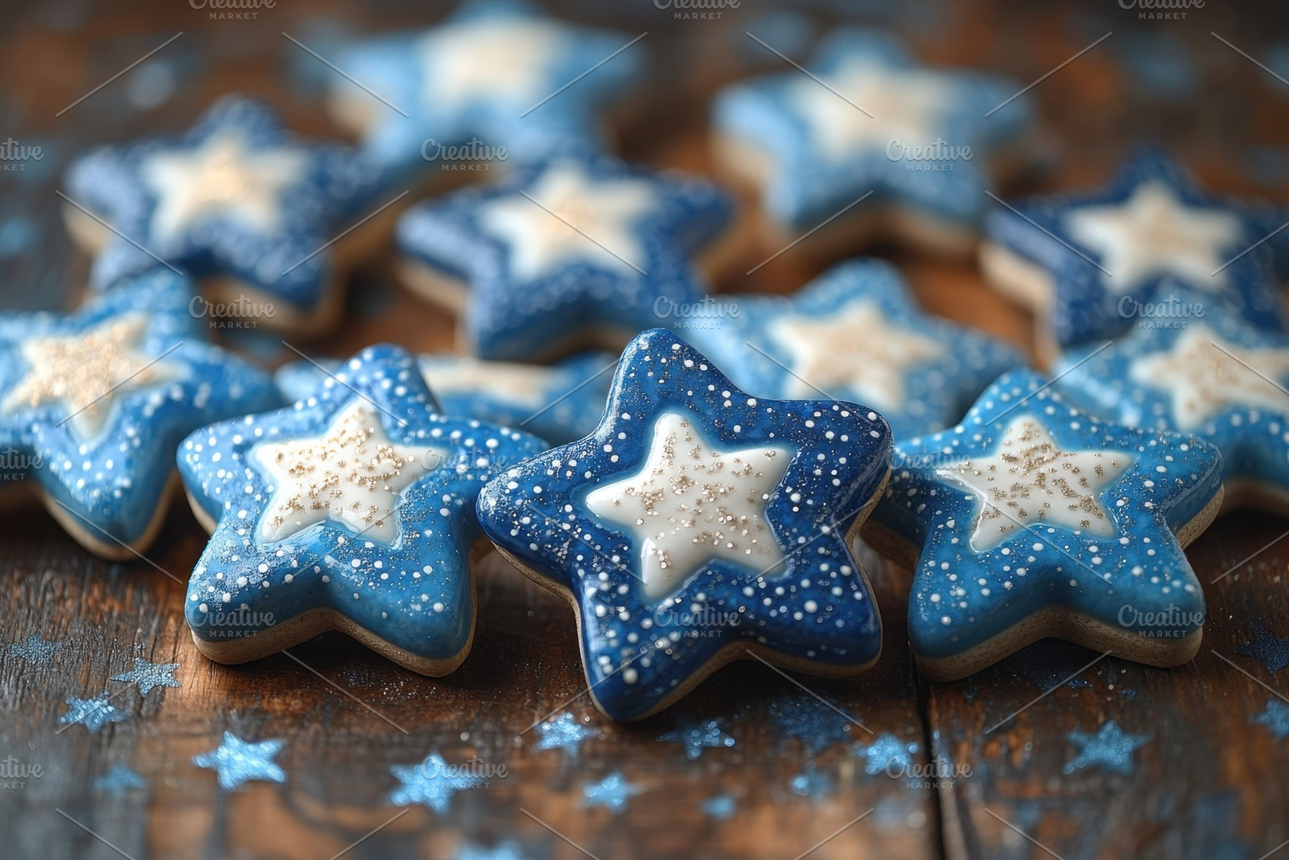 Blue and white star-shaped cookies d, a Photo by Tanuart