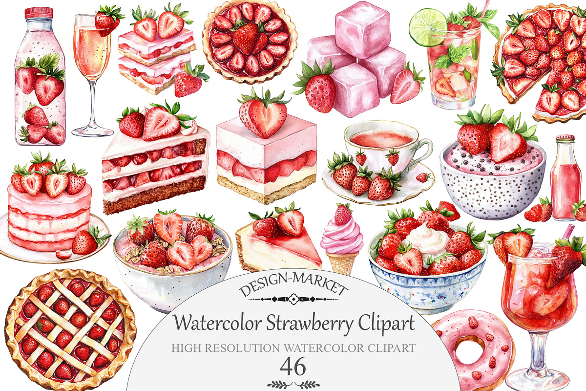 Watercolor Strawberry Clipart, an Illustration by Design Market (Photo 1 of 5)