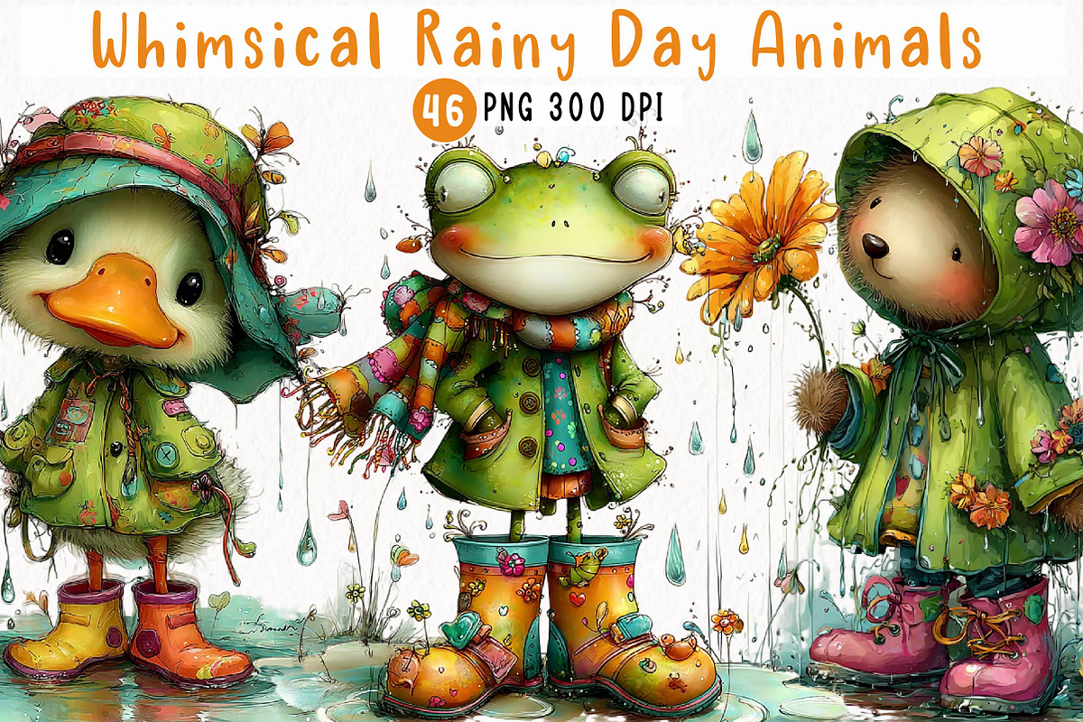 Whimsical Rainy Day Animals Clipart, an Animal Illustration by fashionaddict (Photo 1 of 7)