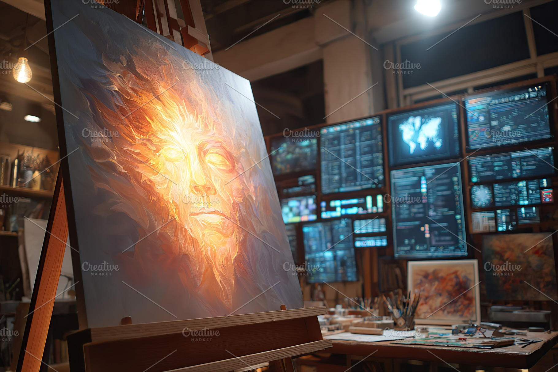 Artist captures human emotions through a vivid painting in a modern studio envi, a Photo by AlyaAnd