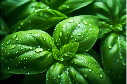 basil leaves with dew, food texture, a Food & Drink Photo by dinabelenko