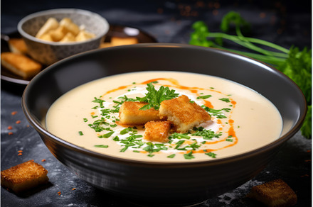 Creamy vegetable soup decorated with, a Food & Drink Photo by Ylivdesign