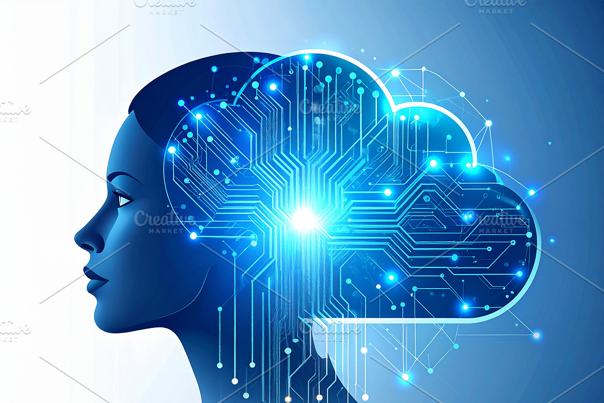 Human head silhouette merges seamlessly into a cloud data, a Technology Illustration by DanFLCreativo