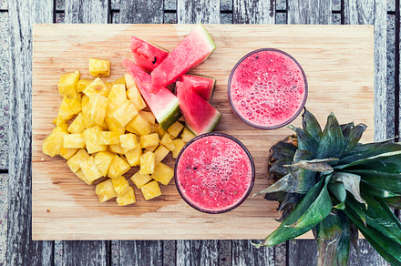 Smoothie of watermelon and pineapple containing smoothie, fruit, and drink