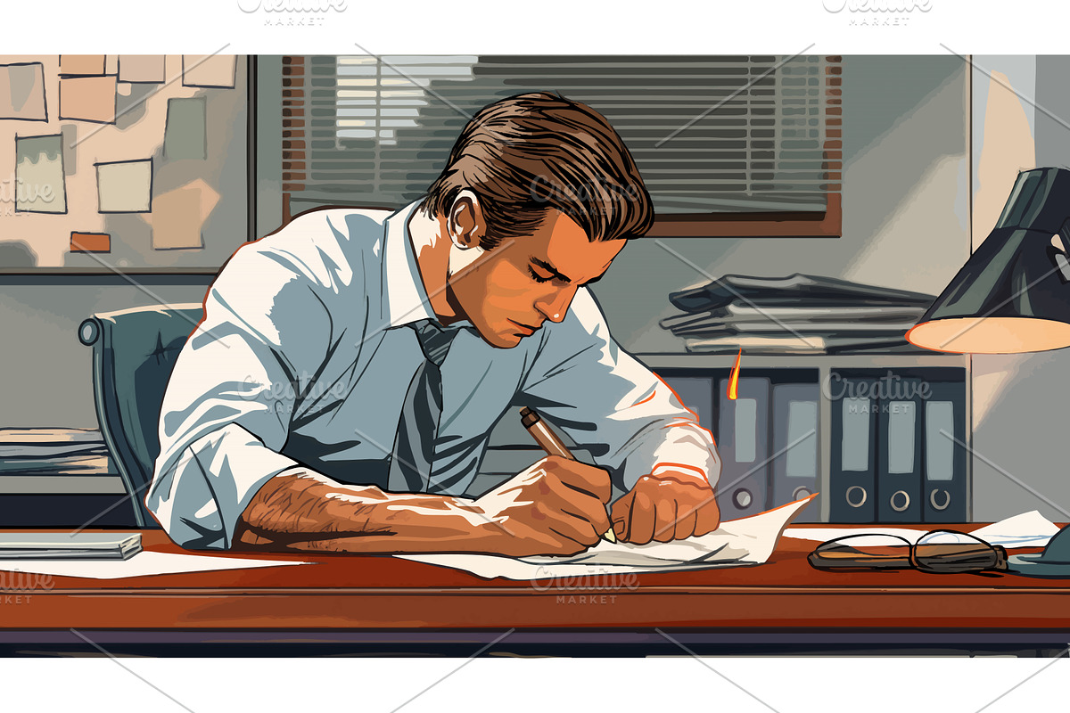 Focused Businessman Writing at Desk, a Person Illustration by AlexArt