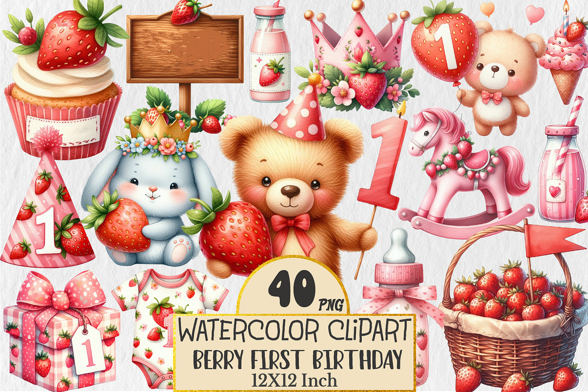 Berry First Birthday Watercolor Clip, an Illustration by Rose Art (Photo 1 of 5)