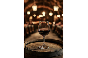 Red wine glass on barrel in rustic, a Food & Drink Photo by Lermont51