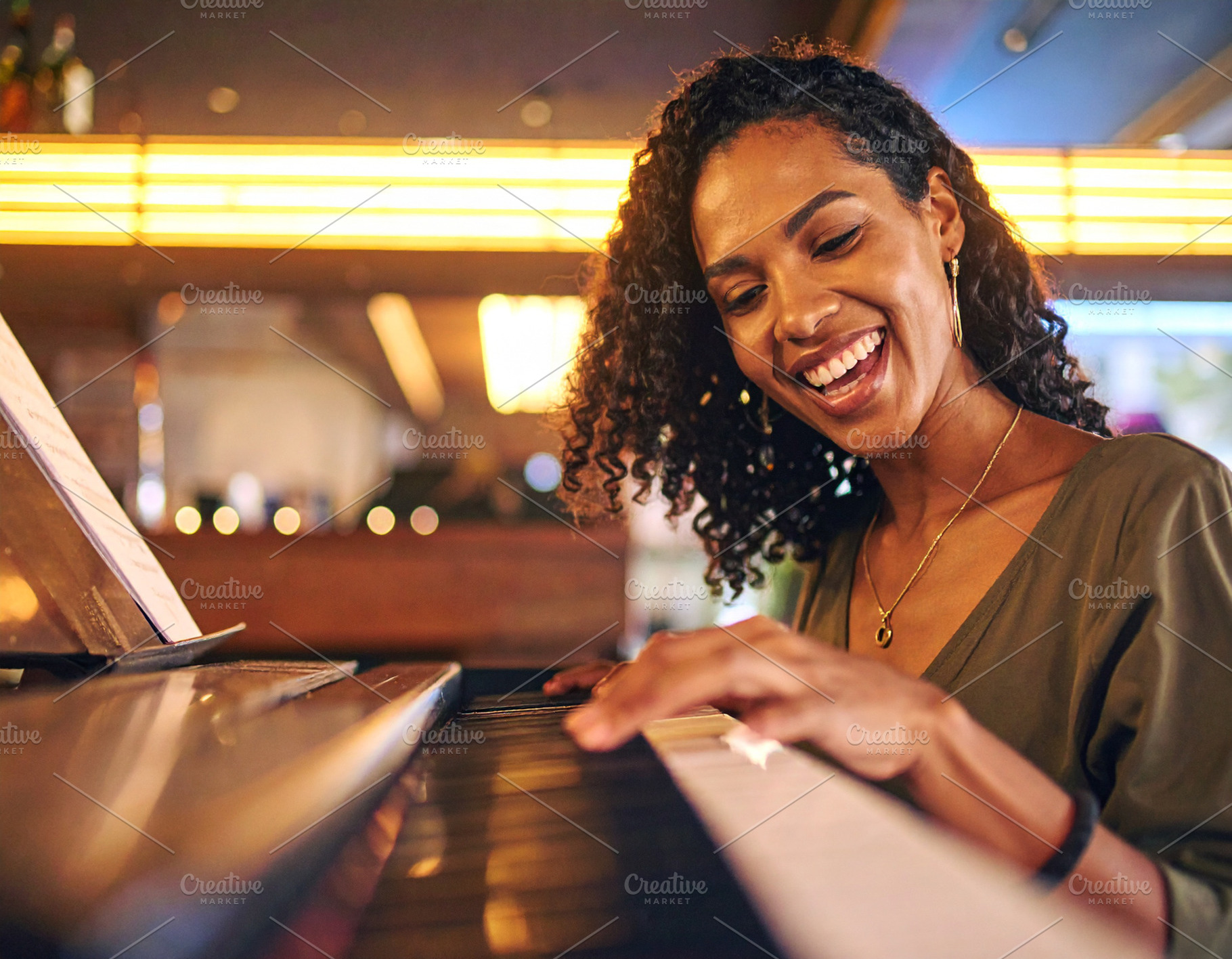 Adult pianist performing at the piano in a small bar, a Person Photo by DanFLCreativo