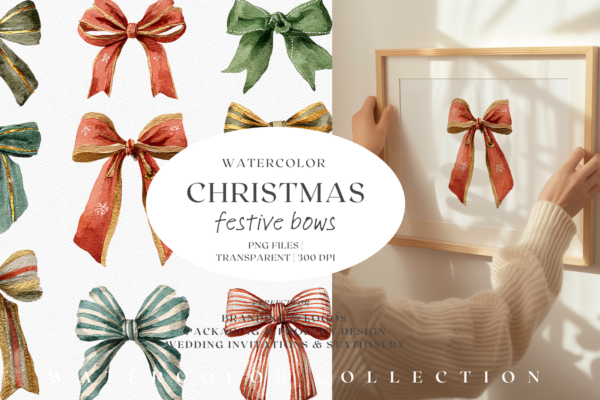 Watercolor Christmas Festive Bows, a Decorative Illustration by ThaismotaCreativeCo (Photo 1 of 9)