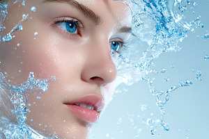 Woman's fair skin with blue eyes experiencing a refreshing water, a Photo by Studio ANNA