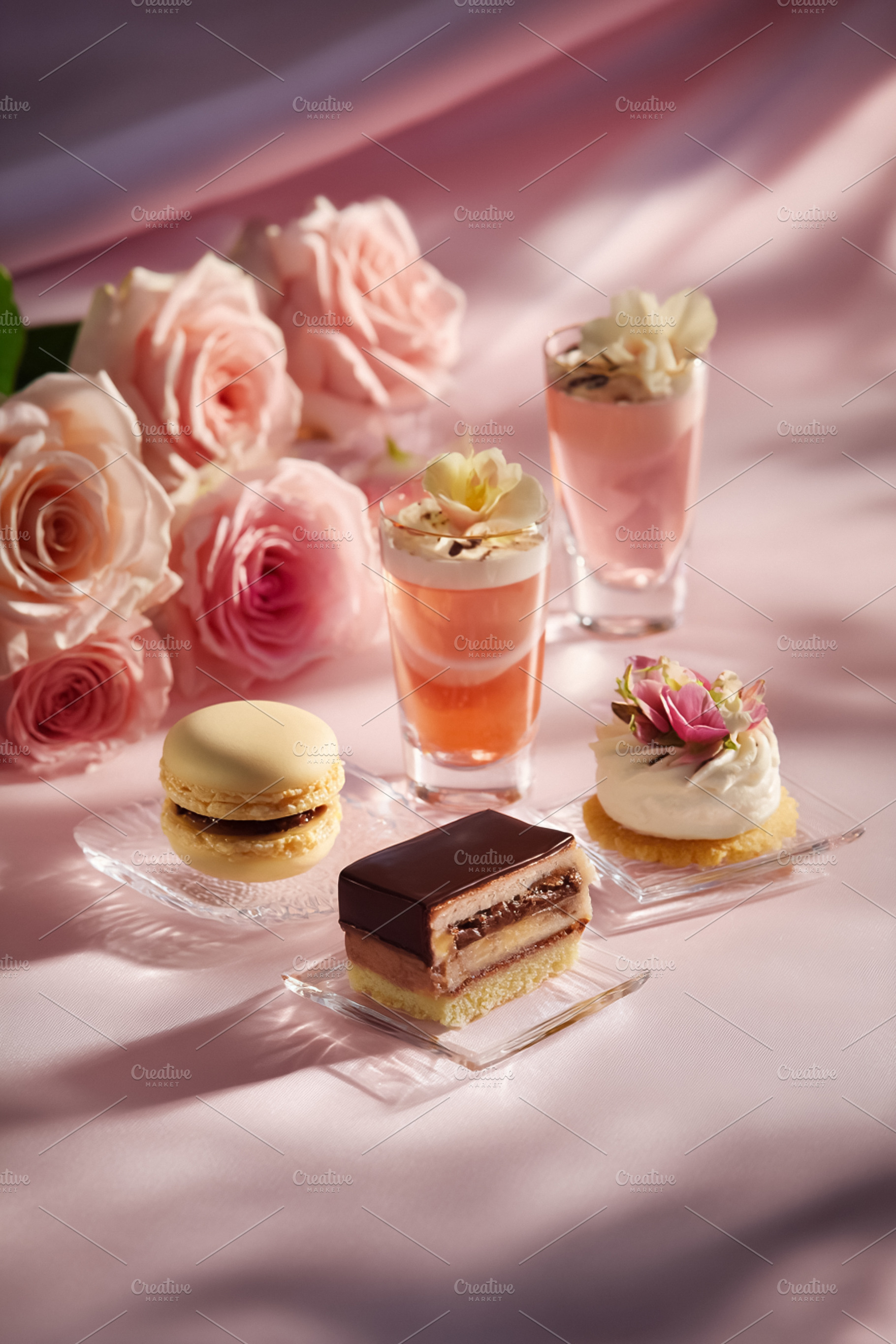 Gourmet artisan desserts and treats with macarons, chocolate cak, a Photo by Studio ANNA