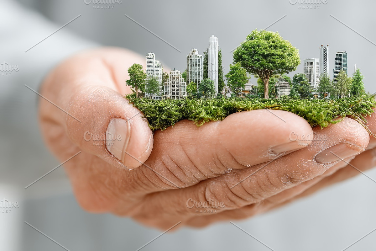 A Caring Hand Holds a Tiny Green City: Eco Urban Landscape in Miniature, an Illustration by AS photostudio
