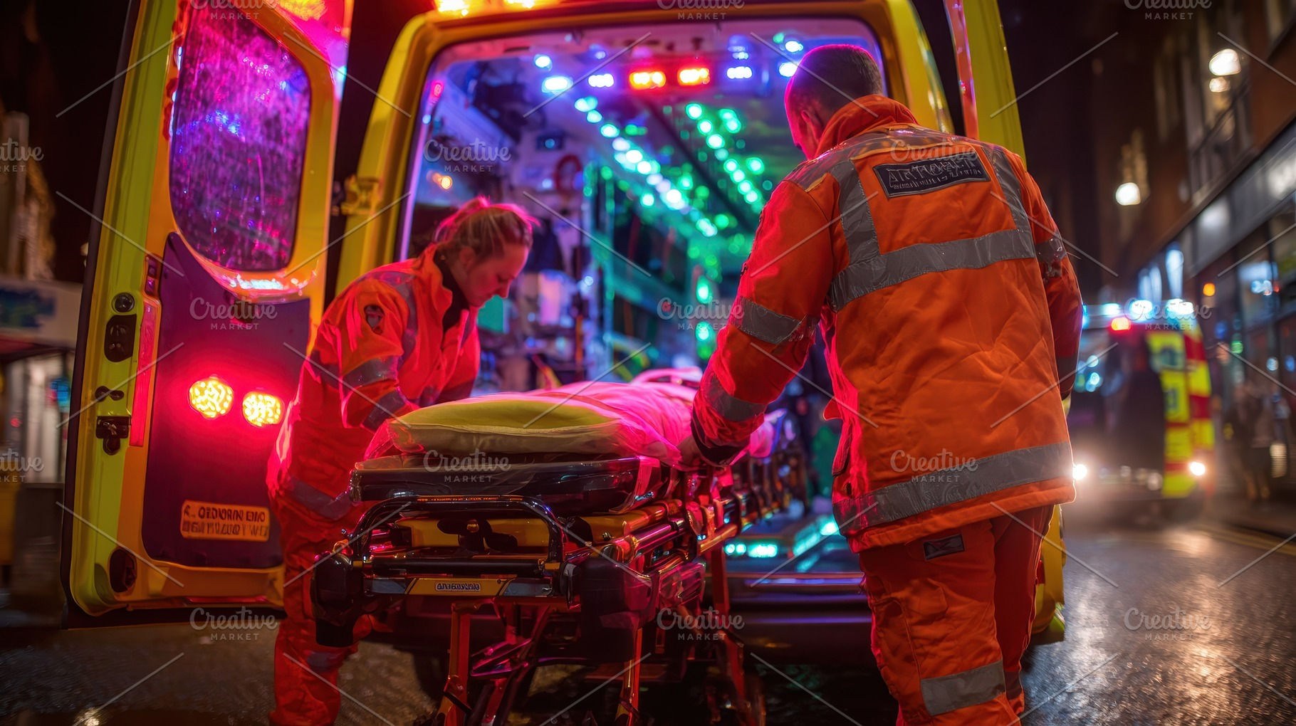 Paramedics transport patient on stre, a Photo by Pixeness Studio