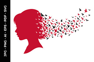 Girl silhouette changing into birds, a Decorative Illustration by nandinigraphics