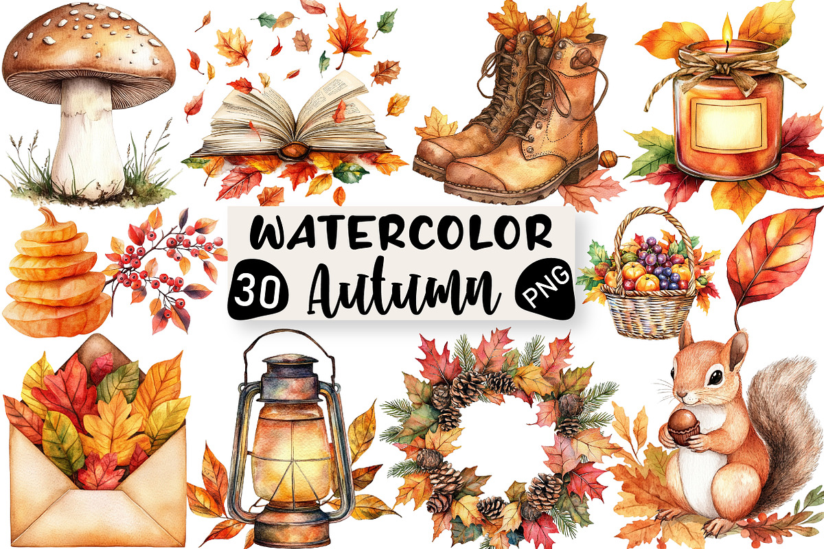Watercolor Autumn Clipart Bundle, an Illustration by Black Bird Studio (Photo 1 of 6)