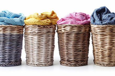 Colorful Wicker Laundry Baskets Filled with Clothes on a White Background, a Photo by AS photostudio