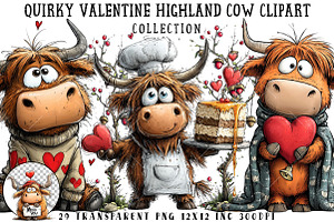 Quirky Valentine Highland Cow Clipar, an Illustration by OK Design