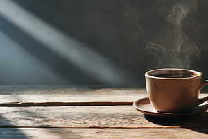 Steaming cup of coffee on a rustic, a Food & Drink Photo by MistyDay