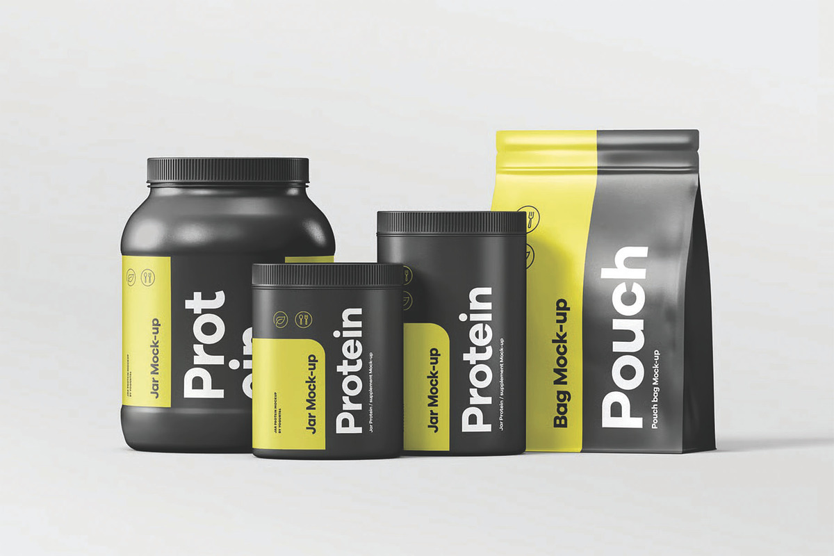 Protein Pouch & Jar Pack Mockup, a Packaging Mockup by DesignRushMarket (Photo 2 of 8)