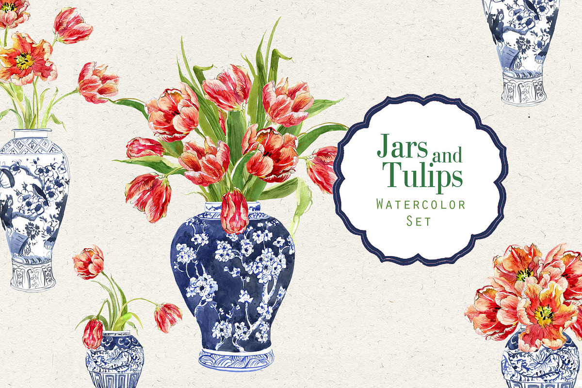 Jars and Tulips. Watercolor Set, a Decorative Illustration by Irina Dolgikh (Photo 1 of 12)