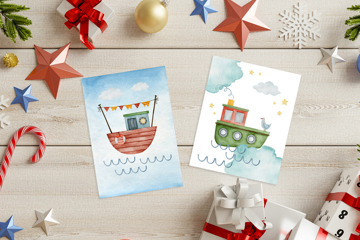 Watercolor Boat seamless patterns., a Decorative Illustration by Kira Konoshenko (Photo 10 of 16)