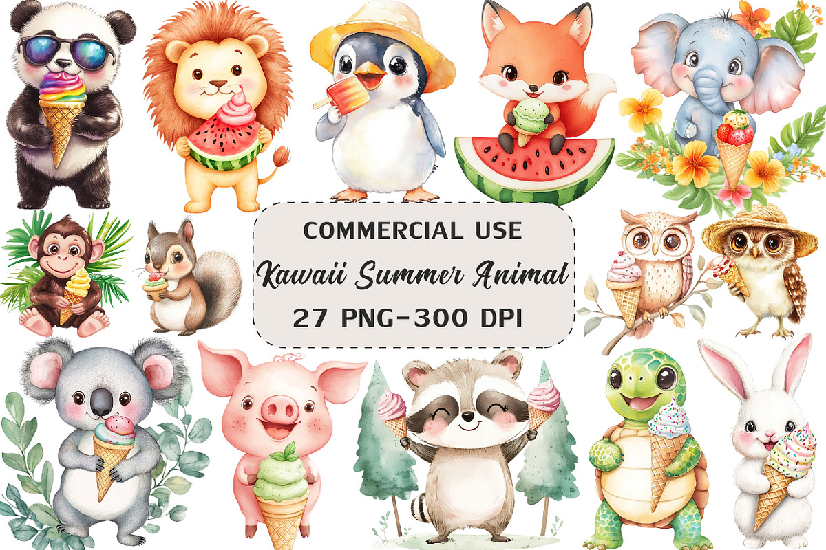 Kawaii Summer Animal & Ice Cream, an Illustration by Craft Nest (Photo 1 of 6)