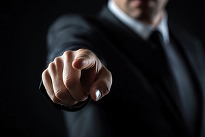 Confident businessman pointing forward in a dark setting during a professional, a Photo by AlyaAnd