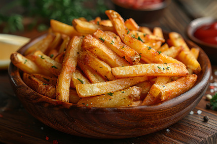 Crispy French Fries in Wooden Bowl with Ketchup and Lemon Wedges, a Photo by AS photostudio