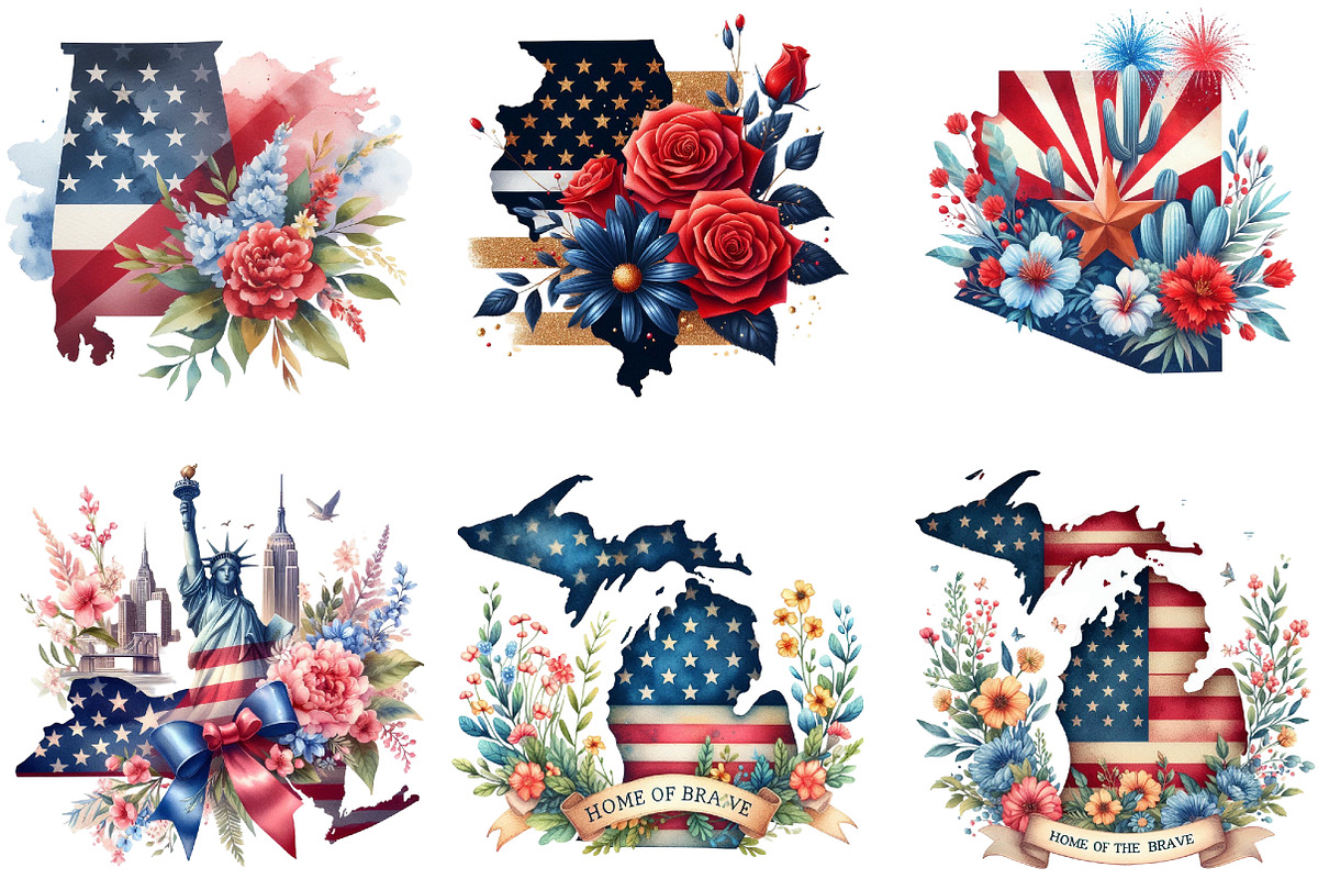 4th of July Floral USA State Map Cli, an Illustration by DreamArtGraphic (Photo 3 of 5)