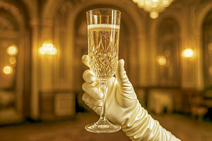 Gloved hand holding champagne glass, a Photo by rarrarorro