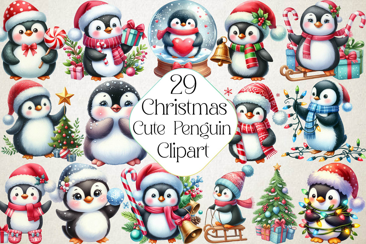 Cute Christmas Penguin Clipart, an Illustration by DreamPrint404 (Photo 1 of 4)