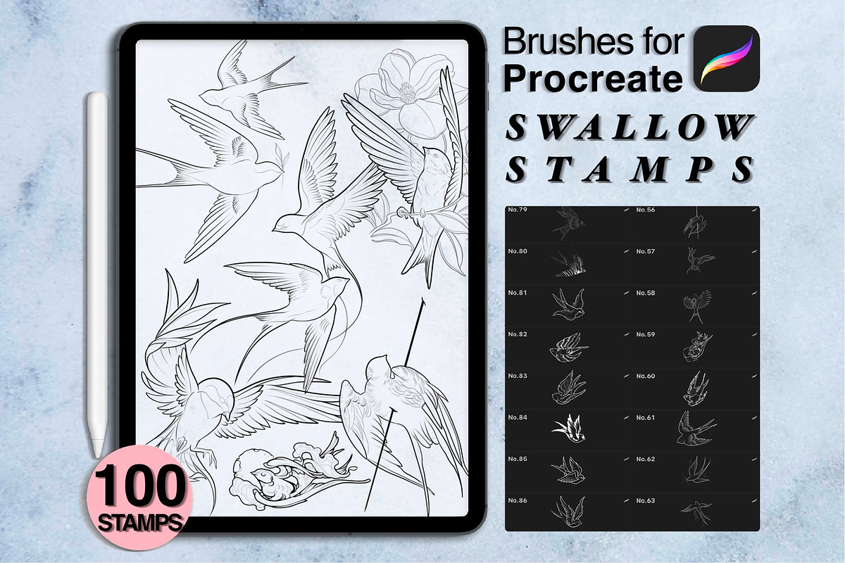 100 procreate swallow stamps, a Brush Add-On by Arts For Peace (Photo 2 of 9)