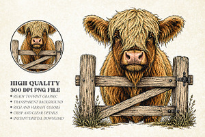 Vintage Highland Cow Fence Design, an Object Illustration by Libby Wishes