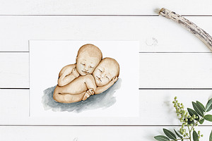 Cute Twins Newborn Watercolor Baby