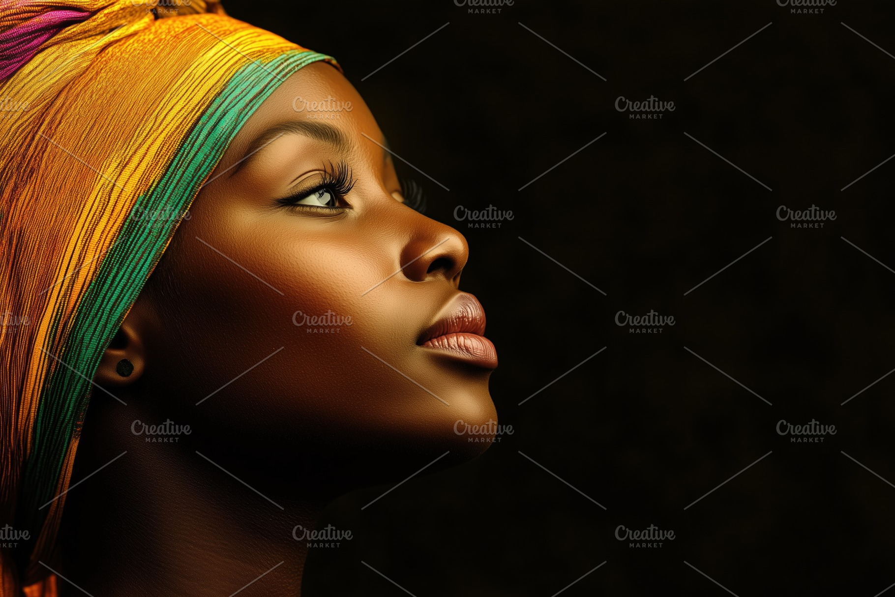 A profile portrait of a african woman with dark skin and a colorful headwrap, s, a Person Photo by Textures & Backgrounds