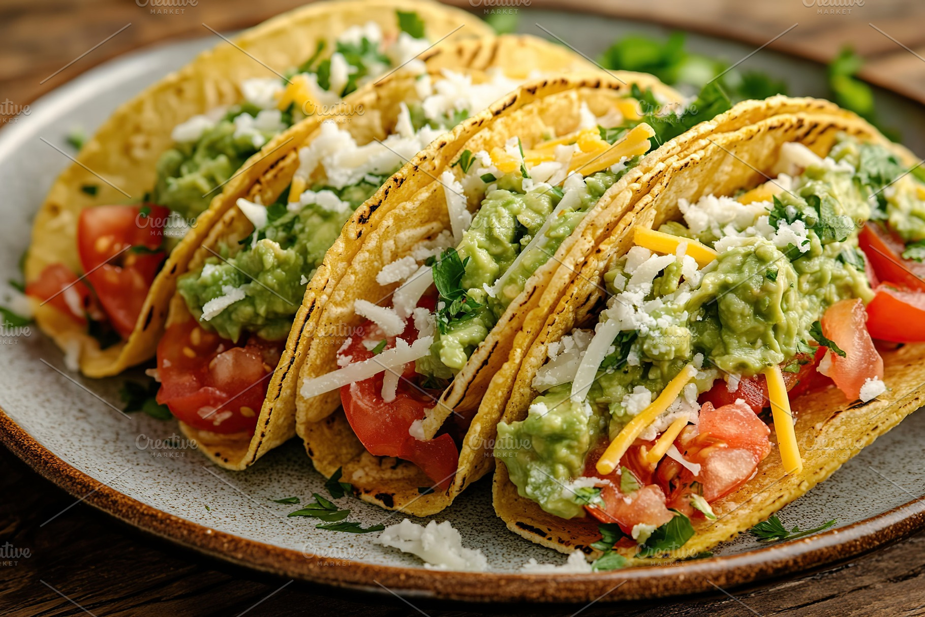 Vegetarian tacos with guacamole, cheese and tomatoes on a plate, a Food & Drink Photo by AlyaAnd