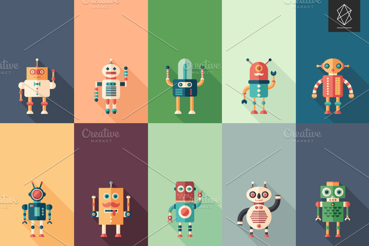 Funny robots colorful flat icon set, an Icon by Yury Velikanov (Photo 2 of 3)