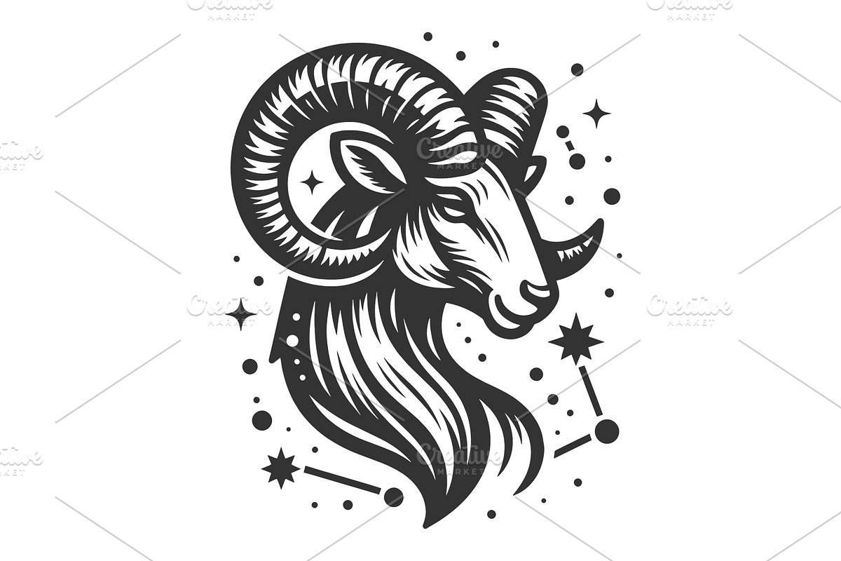 Aries Zodiac Ram Head With Star, an Animal Illustration by AlexArt