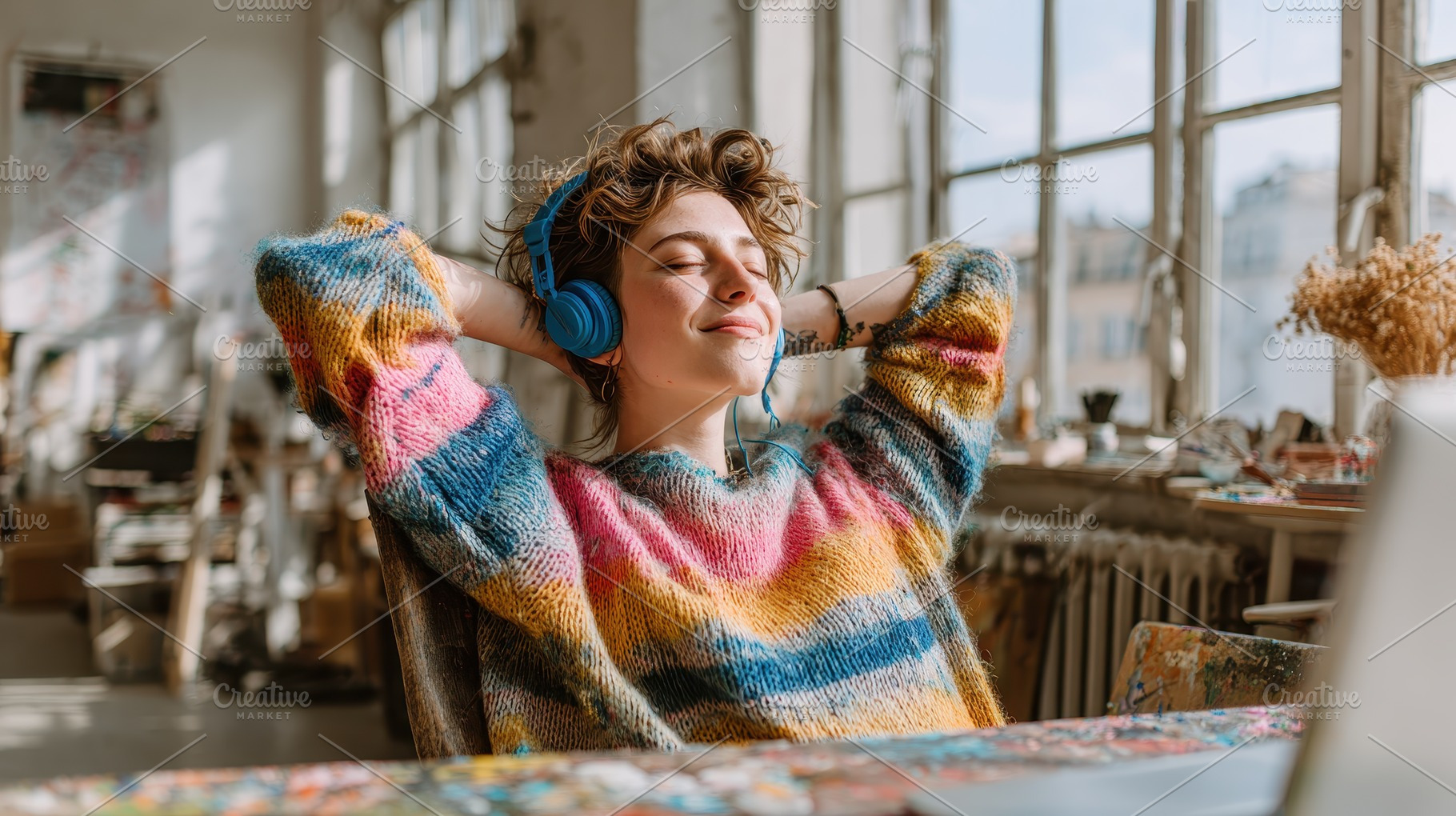 Woman relaxing in art studio listeni, a Photo by Pixeness Studio