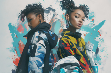 Two stylish women with unique hairstyles pose back to back against a colorful g, a Wallpaper Graphic by Textures & Backgrounds