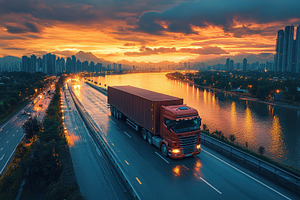 Truck driving along a river road at, a Photo by Tanuart