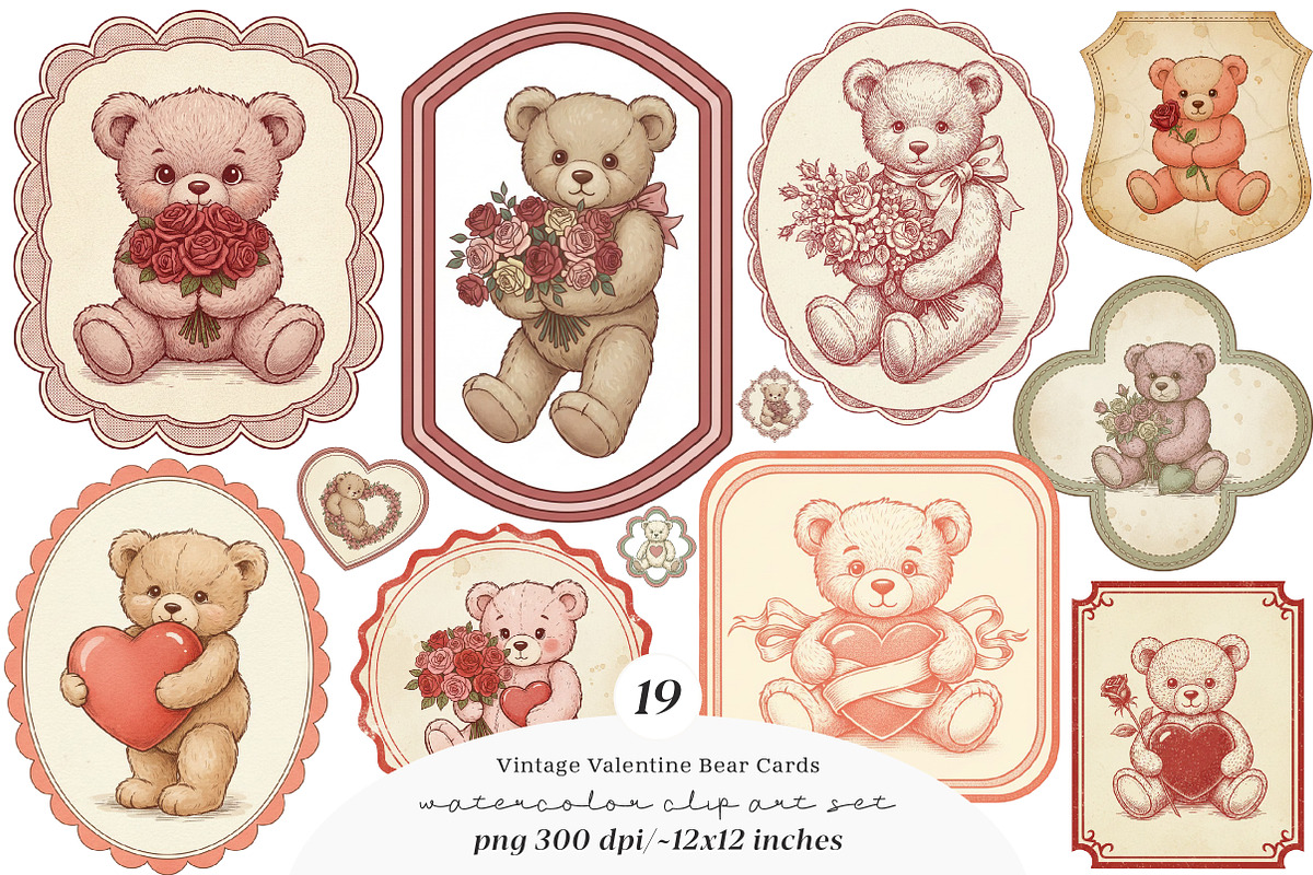 Vintage Valentine Bear Cards Printab, an Illustration by SinaCreation (Photo 1 of 5)