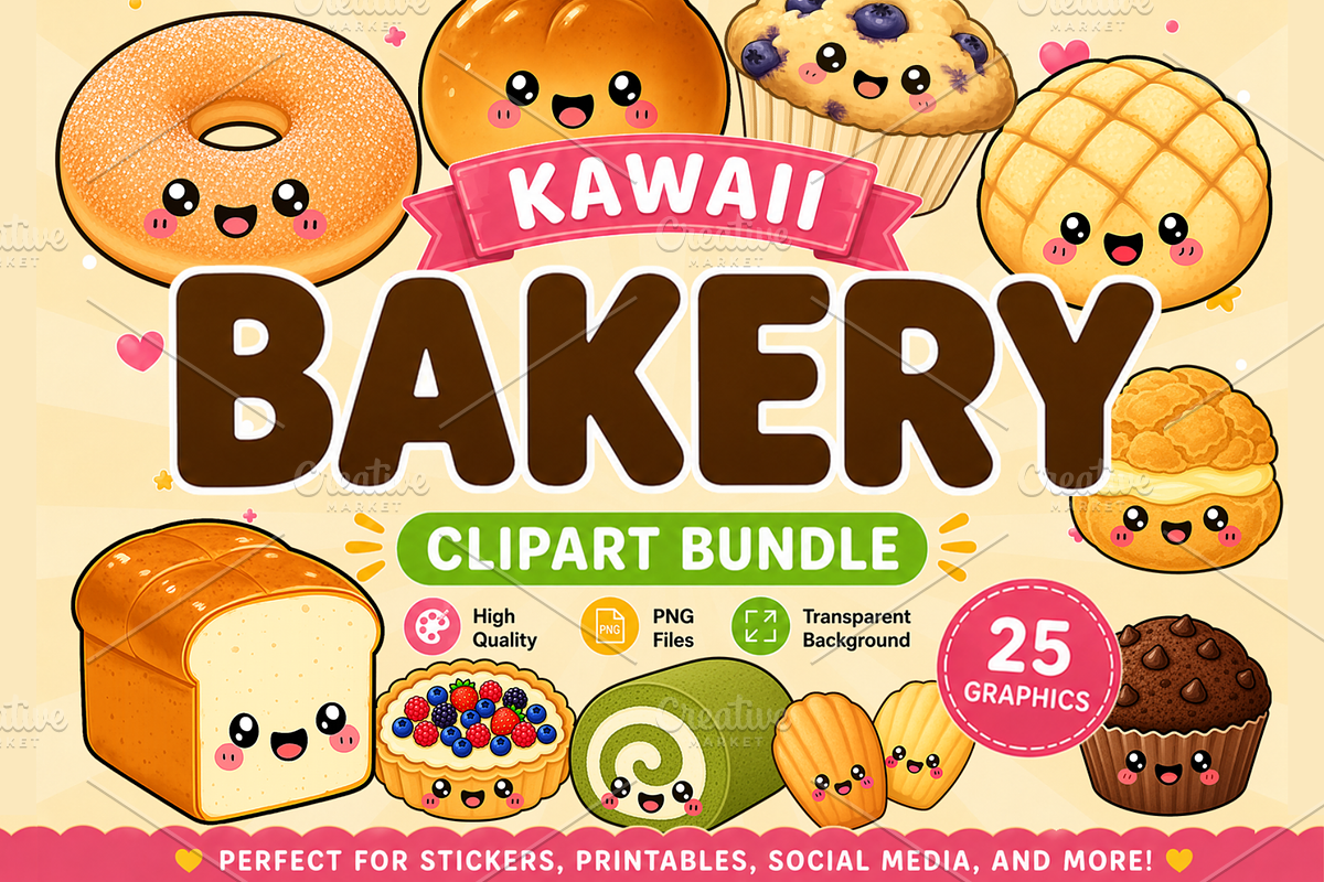 Kawaii Bakery Clipart PNG Bundle, a Food Illustration by QM_ART (Photo 1 of 4)